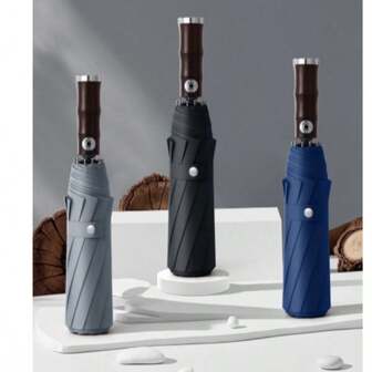 Automatic Folding Umbrella With Imitation Bamboo Handle, Enlarged, Reinforced, Thickened, Suitable For Sunny And Rainy Days, Men's Business Umbrella