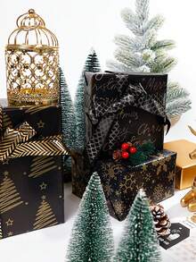 Christmas Foil Gift Wrapping Paper, Retro Black & Gold Deer, Snowflake, Christmas Tree Pattern, Gift Packaging Paper