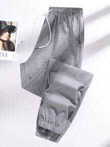 Plus Size Women Solid Color Sweatpants, Elastic Waist With Drawstring, Zipper Pockets, Suitable For Yoga, Running, Workout, Autumn/Spring