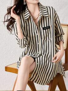 Women's Long Sleeve Drop Shoulder Striped Woven Shirt, Classic Collar, Patch Pocket Design - Black and White - View 10