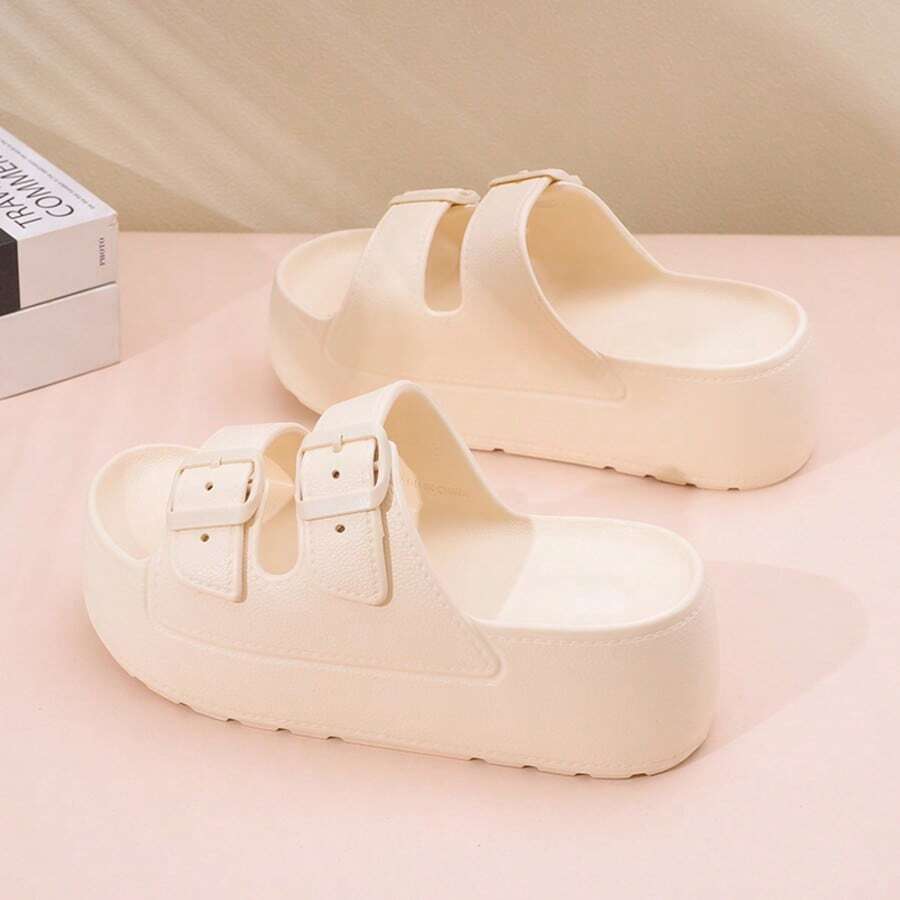 Sandal Rumah Wanita Sol Tebal Terbaru, Model Slip-On, Anti Selip untuk Dalam Ruangan, Sandal Gesper Modis Kelas Atas - Krem - View 1