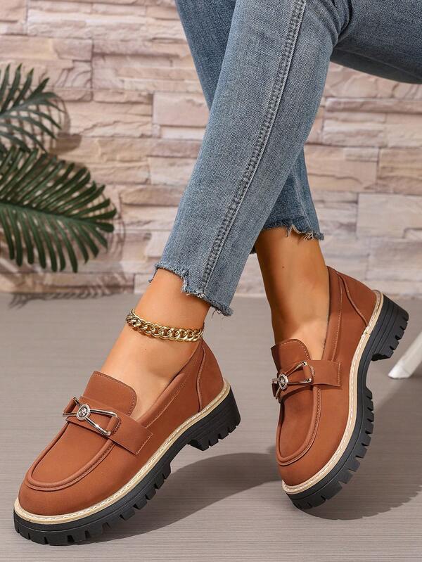 Brown Leather Loafers For Women, Thick Sole, Metal Butterfly Buckle Decor, Casual Flat Shoes, Suitable For Spring, Autumn, All Seasons
