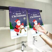 2PCS Christmas Kitchen Towels Merry Christmas Santa Snowman Winter Bathroom Towels, Contemporary Style, Soft Microfiber, Quick Dry, Suitable For, Outdoor, Picnic, Dining Room, Winter Decor Gift