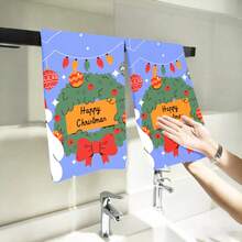 2PCS Christmas Kitchen Towels Happy Chaudman Wreath Lights Bow Fingertip Towel, Quick Dry, Contemporary Style, Minimalist, Suitable For, Dining Room, Picnic, Gym, Winter Decor Gift