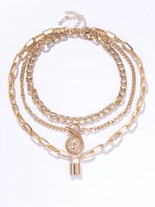 3pcs/Set Fashionable Retro Metal Chain Coin Badge, Lock Pendant Necklace Set For Women, Daily, Business, Casual, Party, Gift For Friends, Holiday & Birthday