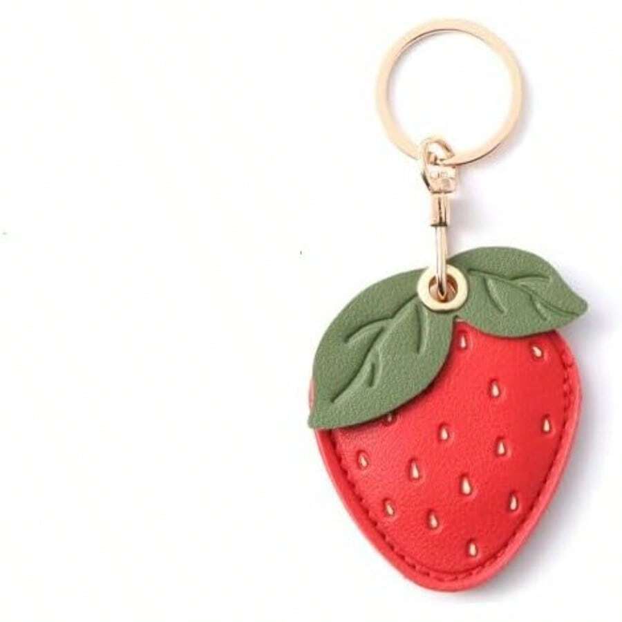Leather Keychain Holder Case Tag Cover With Keychain Ring GPS Tracker Case For Keys Strawberry Shape 6 * 5cm