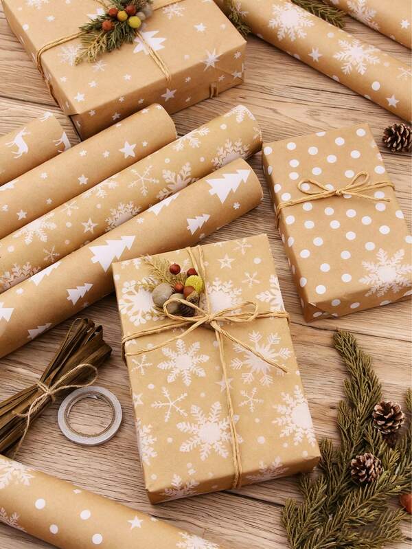 1 Roll Vintage Kraft Christmas Wrapping Paper, Retro Christmas Tree DIY Gift Wrapping Paper For Christmas Party Gifts And Decorations