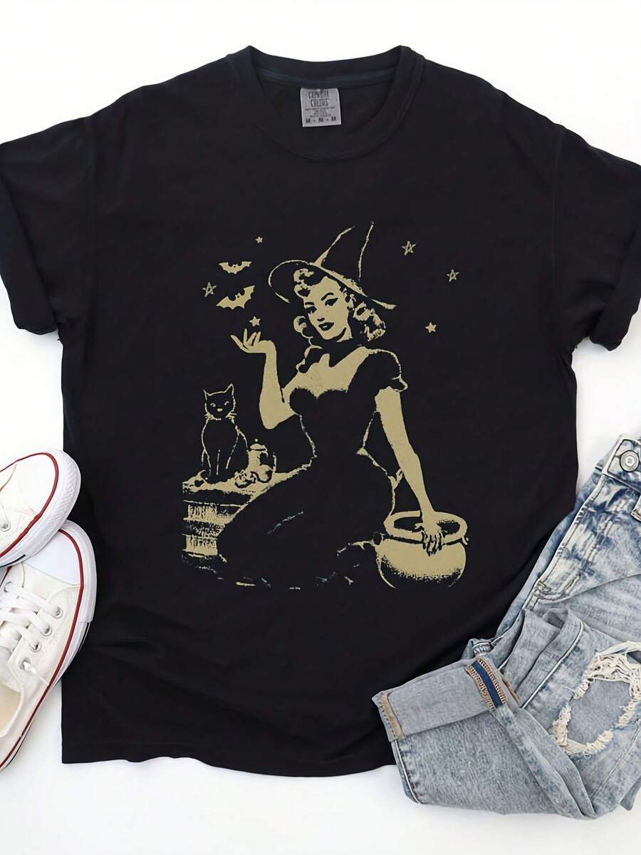 Vintage Witch Halloween T Shirt, Witchy Vibes Graphic Tee, R Cottagre Witch Top For Spooky Season Fall Outfit - 款式25 - 查看 1