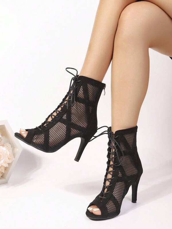 Leopard Print Mesh Hollow Out Jazz Dance High Heel Sandals, Fishmouth Shoes, Suitable For All Seasons