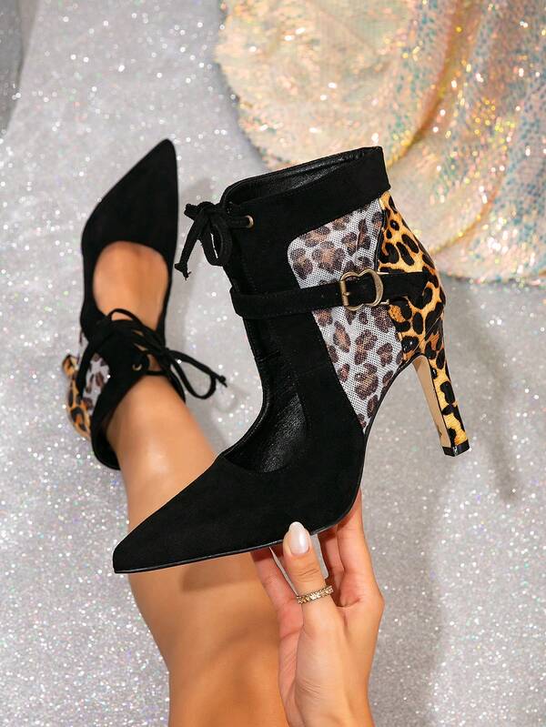Leopard Print Pointed Toe High Heel Boots Boots, Mesh Hollow Out Design, Comfortable & Breathable, Suitable For Spring, Autumn, Dresses