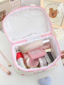 1Pc/Set Cute Pink Bow Pattern Makeup Bag Set With Zipper Portable Handheld Travel Toiletry Bag Soft Foam Quilted Handbag Floral Cosmetic Bag Portable Drawstring Bag Aesthetic Toiletry Travel Organizer Bag For Women And Girls Large Capacity Travel Vintage Makeup Bag Cute School Pencil Case Inner Bag Nail Polish Storage Bag - Multicolor - View 10