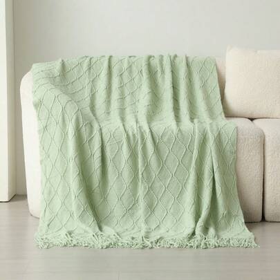 1pc Solid Color Diamond Plaid Knitted Blanket, Nordic Style Acrylic Rectangular Minimalist Sofa Cover Throw Blanket, Bedroom Leisure Knit Throw