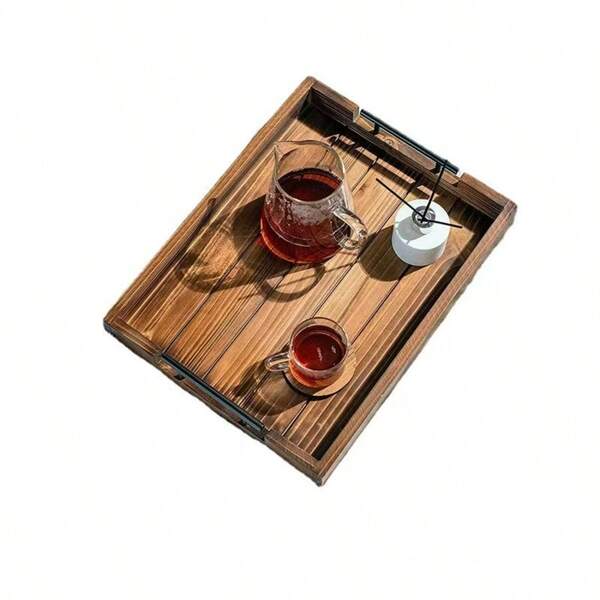 Wooden Serving Tray - Vintage Bar Restaurant Food Serving Tray Modern Decorative Tray With Metal Handles - Coffee Table Tray For Bar, Restaurant, Living Room, Bedroom, Entryway And Kitchen - Tabletop, Sofa And Storage Tray