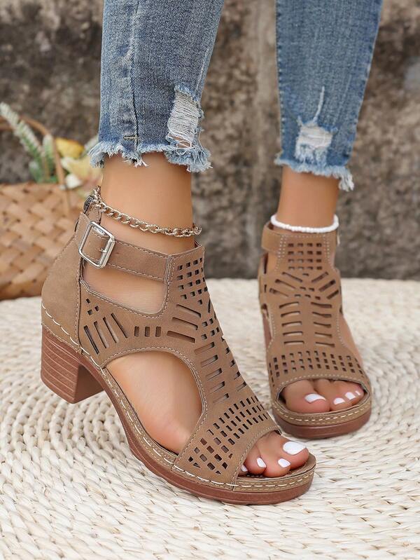 Sandali con tacco alto e punta aperta da donna, design traforato, dettaglio fibbia, lati tagliati, leggeri e confortevoli, adatti per uso quotidiano, all'aperto, in ufficio, a scuola, moda estiva, disponibili nei colori rosso, marrone, blu, nero, beige