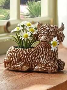 1 pieza Maceta de resina con diseño de vaca de las tierras altas, maceta decorativa con forma de animal creativa, un contenedor de suculentas de escritorio que hace una bonita pieza de decoración del hogar.