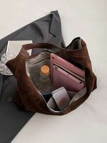 New Versatile Retro Bag For Women, Suede Miramar Style Simple Hobo Bag, Large Capacity Commuter Casual Shoulder Bag - Coffee Brown - View 8