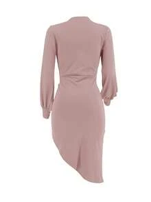 Elegant Women's Ruffled Dress With A Folded Collar, Pink Color, Perfect For Autumn And Winter. Features Lantern Sleeves And A Slit Hem. Suitable For Balls, Parties, Dates, Weddings, Gatherings, Halloween, Thanksgiving, Christmas, New Year's Eve, And Workwear. A Sophisticated, Stylish, And Sexy Dress For Women.