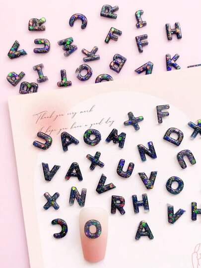 100 قطعة من الزينة الكرتونية للأظافر بتصميم الحروف اللامعة السوداء، أي مجموعة من اكسسوارات الأظافر DIY، لوازم الأظافر، سحر الأظافر، اكسسوارات الأظافر