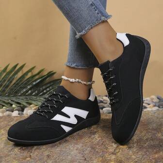 女士休闲户外运动鞋，几何图案，合成皮革，系带，适合健身房，四季皆宜