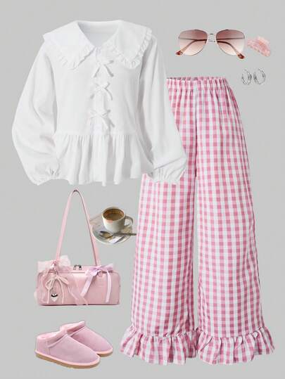 Girl Sweet Ruffled Collar Top And Pink Checkered Ruffled Hem Casual Pants Set, With Bow And Button Design, Fashionable And Cute Two Pieces Set For Campus Vacation And Daily Use
