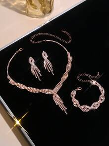 Bộ trang sức cưới 5 món: Dây chuyền vàng hồng lấp lánh đính đá Cubic Zirconia, 1 đôi bông tai, vòng tay + túi đeo vai. Túi xách dự tiệc nhỏ nhắn và thanh lịch dành cho nữ, túi hình vỏ sò cho cô dâu với dây đeo kim loại có thể tháo rời. Thích hợp làm túi đeo vai, túi xách tay, dùng cho đám cưới, tiệc tùng và các sự kiện. - Hoa hồng vàng - Xem 3