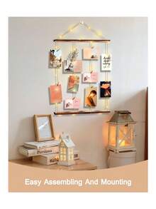 1 Set Photo Frame Collage Wall Decor - Photo Board With 30 Clips And String For Photo Display, Artwork Hanging Multiple Photos, Size: 15.8" L X 27.6" W (Without Light Strip) - Brown - View 6