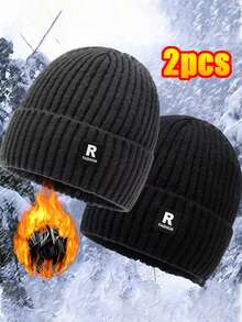 2 piezas Gorro de punto térmico forrado para hombre en invierno, gorro de punto a prueba de frío para ciclismo al aire libre con gran circunferencia de cabeza, gorro de esquí para ropa de invierno para hombres