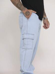 Men's Cargo Pants Wide Leg Jeans With Side Pockets Streetwear - 淺色水洗藍 - 查看 3