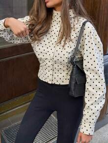 GLOpass Retro Fashion Casual Commuter Polka Dot Print Utility Boxy Stand Collar Jacket - Apricot - View 8