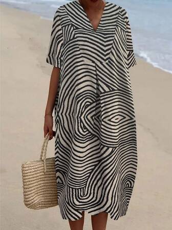 女士几何圆线印花宽松休闲度假连衣裙
