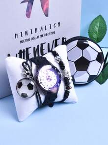 4 件套男孩圣诞礼物生日礼物：带 LED 灯的软硅胶表带运动手表、石英腕表、足球零钱包、耳机收纳盒、吊坠项链和手链套装 - 黑色 - 查看 5