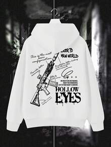 K-GLORY 男士连帽衫，秋冬新品，个性化街头武器和标语印花袋鼠口袋套头卫衣 - 白色 - 查看 4