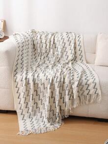 Cozy Knit Throw Blanket With Tassels - Soft, Lightweight & Warm - Perfect For Couch, Bed, And Travel - Farmhouse Style In Khaki & Cream - AB Yarn Beige - View 2