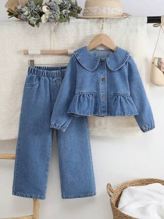2pcs/Set Toddler Girls Sweet Cute Peter Pan Collar Top Paired With Simple Outdoor Casual Fashion Blue Denim Pants, Autumn/Winter New Arrival