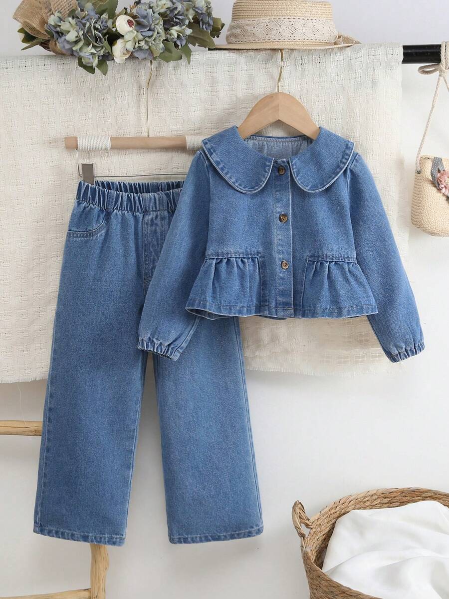 2pcs/Set Toddler Girls Sweet Cute Peter Pan Collar Top Paired With Simple Outdoor Casual Fashion Blue Denim Pants, Autumn/Winter New Arrival - Dark Wash - View 1