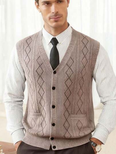 Men's Versatile Sleeveless Knit Vest, Suitable For Business, Party, Travel Wear, Autumn/Winter