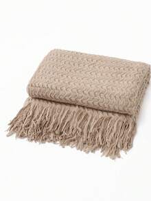 1pc Solid Color Knitted Blanket, Nordic Style Tasseled Design Soft Throw Blanket, Suitable For Office Nap, Bed, Sofa, Daily Use - Khaki Shell Scarf - View 5