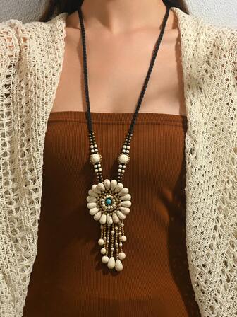 1pc Elegant Sexy Bohemian Bell, Stone, Teardrop Bead, Turquoise Bead, Gold Seed Bead DIY Handmade Flower Tassel Pendant, Asymmetrical Geometric Wave Circle Pendant With Colorful Acrylic Plate, Gold Chain Tassel Pendant Long Necklace, New Ruby Pendant Long Necklace, Women Autumn/Winter Sweater Necklace, Suitable For Daily, Party, Vacation Wear