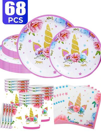 Conjunto de 68 peças de bandejas de papel descartáveis com tema de unicórnio para festa. Inclui bandejas de papel, artigos para festa, utensílios de mesa, decoração de aniversário, festas, piqueniques e acampamentos, festas de fim de ano, tema unicórnio, decoração de restaurantes, decoração de cozinha, decoração rosa para aniversários, Dia das Mães, presentes de casamento, utensílios de mesa descartáveis, bandeja de papel de 18 cm + bandeja de papel de 23 cm + guardanapos + copos de papel. Serve 16 pessoas.