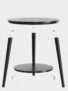 Coffee Table, Marble Style, Minimalist, Round, Wood, White Living Room - Black - View 5