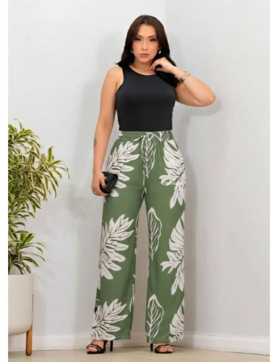 DUNA Fabric Pants With Lining, Pocket And Elastic Waist - Leafy Green - View 1
