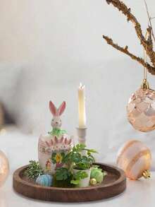 1个复古木质装饰托盘，圆形烛台底座，乡村风格桌面收纳盘，适用于节日、生日、派对装饰 - 棕色 - 查看 7