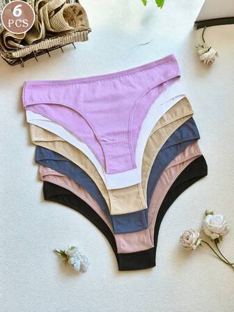 6pcs Women's Bikini Briefs, Fashionable Low Waist Sexy Solid Color Comfortable Panties