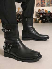 Men's Personalized Boots, New Motorcycle Western Style Buckle Side Zipper Holiday Street High-Top Leather Cowboy Boots, Gothic Style