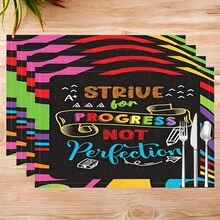 1 pieza/4 piezas/6 piezas Manteles individuales de lino con estampado de lemas inspiradores, adecuados para la mesa de comedor, decoración para todas las estaciones, manteles de mesa lavables modernos, decoración de habitaciones, posavasos, manteles de cocina y comedor, decoración de fiestas interiores y exteriores, decoración del hogar, regalo ideal - Multicolor - Ver 18
