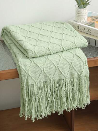 1pc Solid Color Diamond Plaid Knitted Blanket, Nordic Style Acrylic Rectangular Minimalist Sofa Cover Throw Blanket, Bedroom Leisure Knit Throw