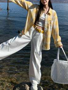 Chaqueta-camisa de manga larga a cuadros retro para mujer, nueva llegada de primavera - amarillo ganso - Ver 3