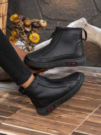 Thermal Lined Short Boots For Women In Winter, Side Zipper Closure, Warm & Anti-Slip, Streetwear Black Cool Boots
