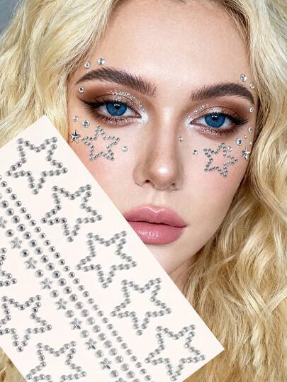 极简立体闪耀水钻脸饰小颗粒钻石银白色闪耀镂空五角星水钻，Y2k节日派对日常装饰DIY脸饰音乐节化妆派对舞会适用于头发、眼睛、脸部、身体装饰钻石贴纸1包