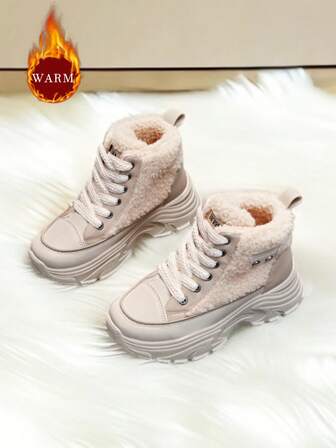 1 双女式厚底高帮雪地靴，保暖内衬，适合冬季户外穿着，休闲，学生，时尚